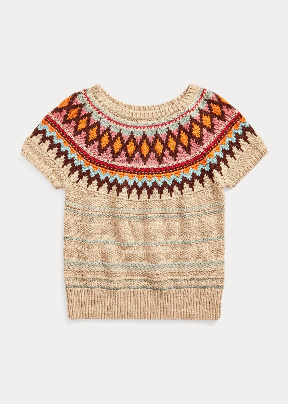 Jacquard Knitted (64% Cotton 33% Linen 3% other fiber)- Short Sleeve Sweater